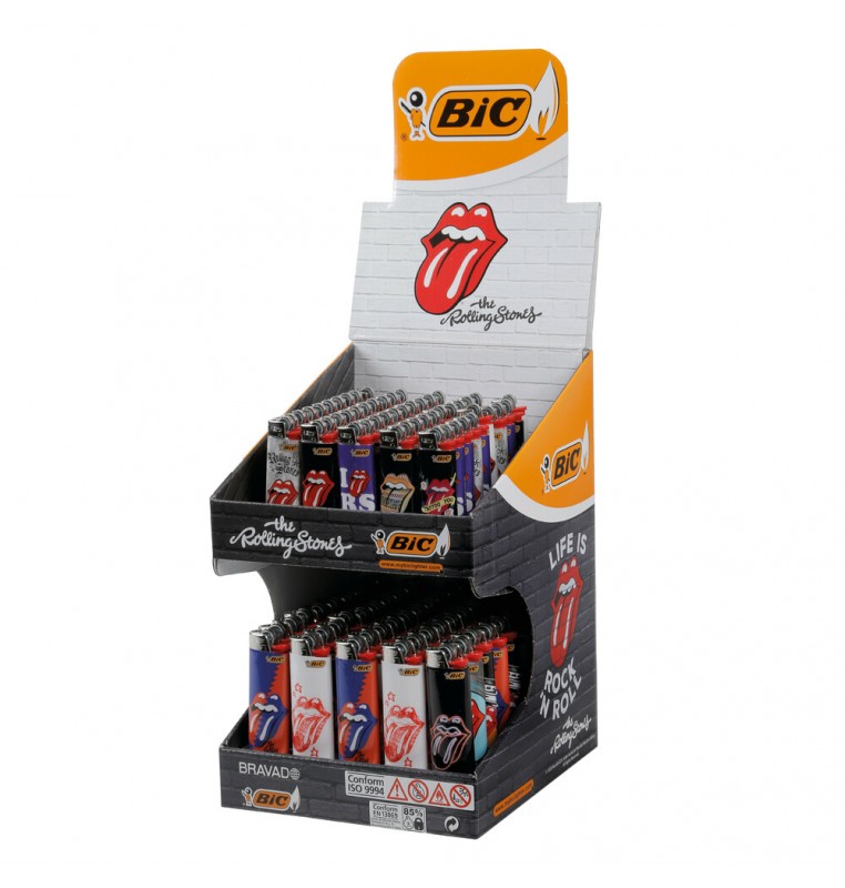 Accendini Bic Rolling Stones assortiti, Display da 100 pezzi su 2 livelli (50 Mini J25 + 50 Maxi J26)