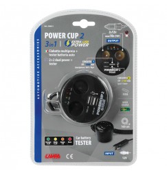 Power cup 2, multipresa con Usb e tester batteria, 12V